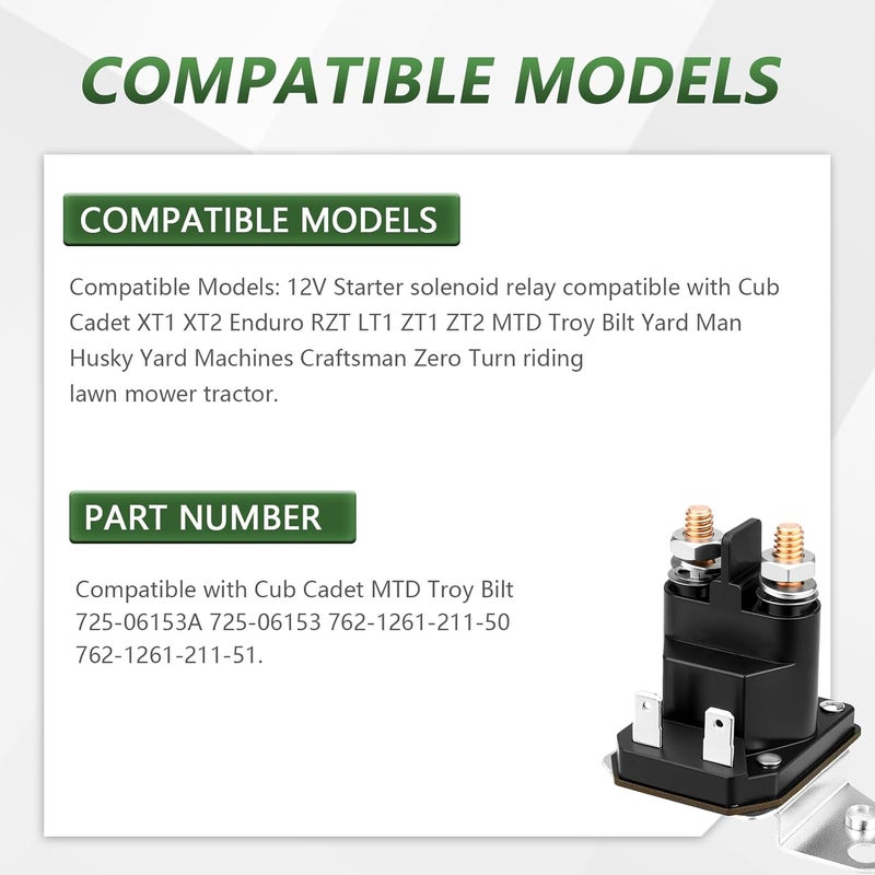 Tecreddy 725-06153A Starter Solenoid 12V for Cub Cadet XT1 XT2 Enduro RZT LT1 ZT1 ZT2 MTD Troy Bilt Yard Man Husky Yard Machines Craftsman Zero Turn Riding Lawn Mower Tractor 762-1261-211-50 - Image 4